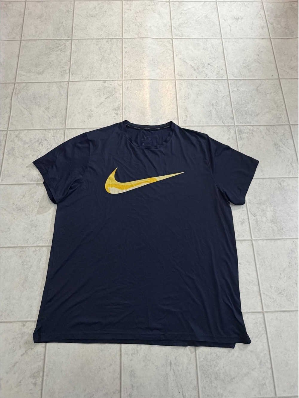 Nike Pro navy Dri-FIT t-shirt yellow swoosh